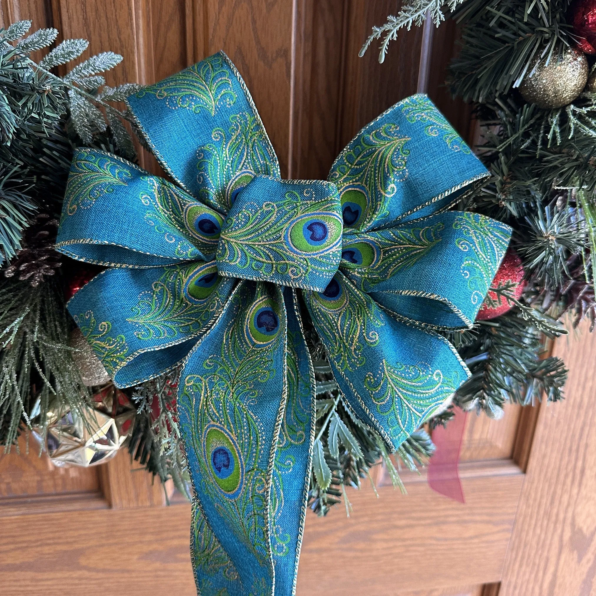 Gold Edge Peacock Wreath Bow - 10" Wide, 18" Long Pre-Tied Bow