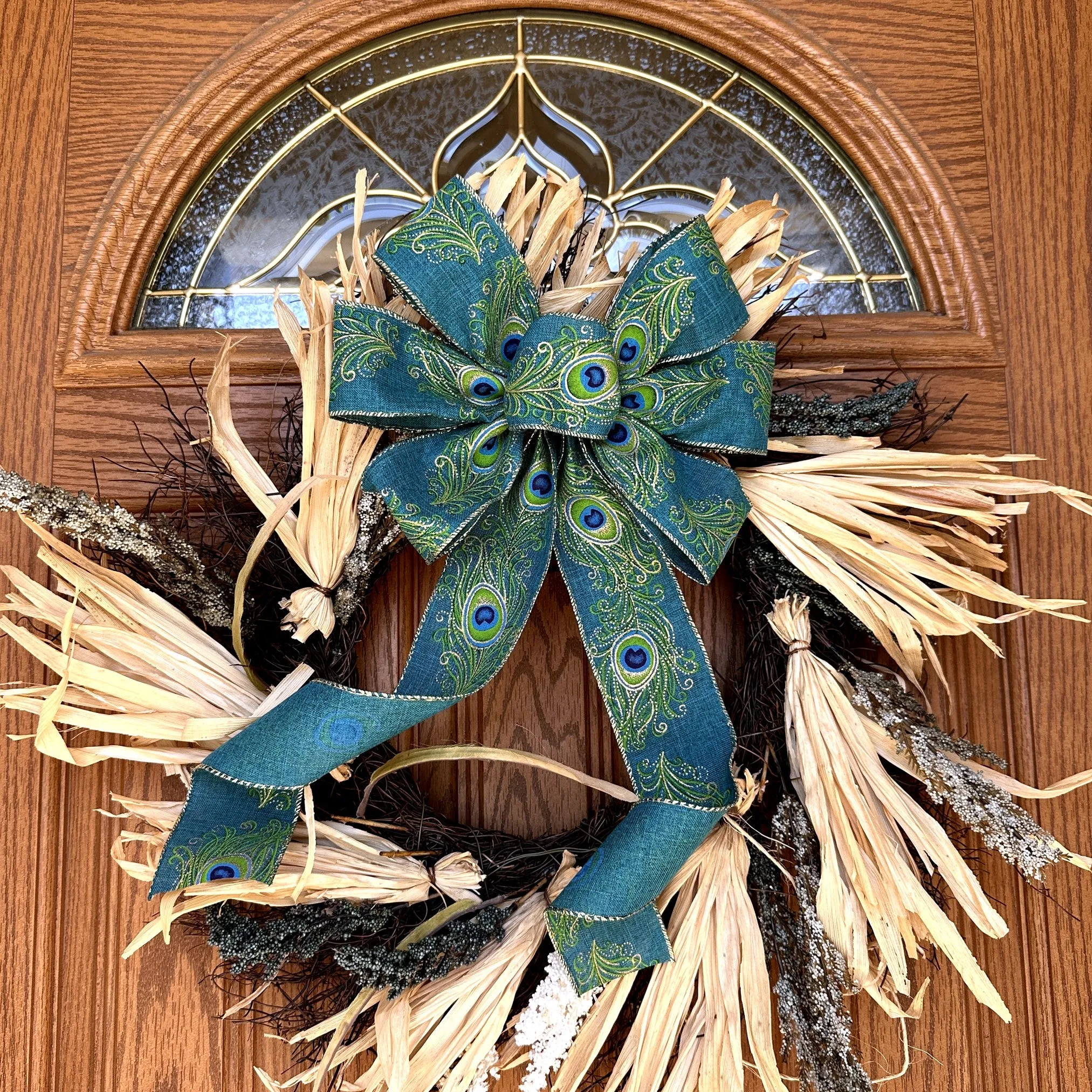 Gold Edge Peacock Wreath Bow - 10" Wide, 18" Long Pre-Tied Bow