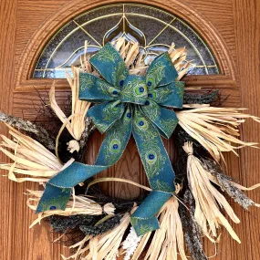 Gold Edge Peacock Wreath Bow - 10" Wide, 18" Long Pre-Tied Bow