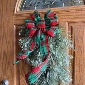 Green Red Plaid Christmas Bow - 10" Wide, 18" Long