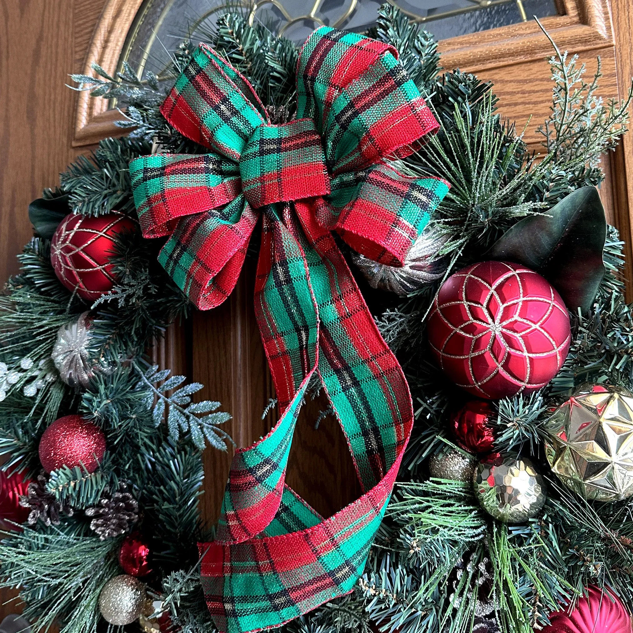 Green Red Plaid Christmas Bow - 10" Wide, 18" Long