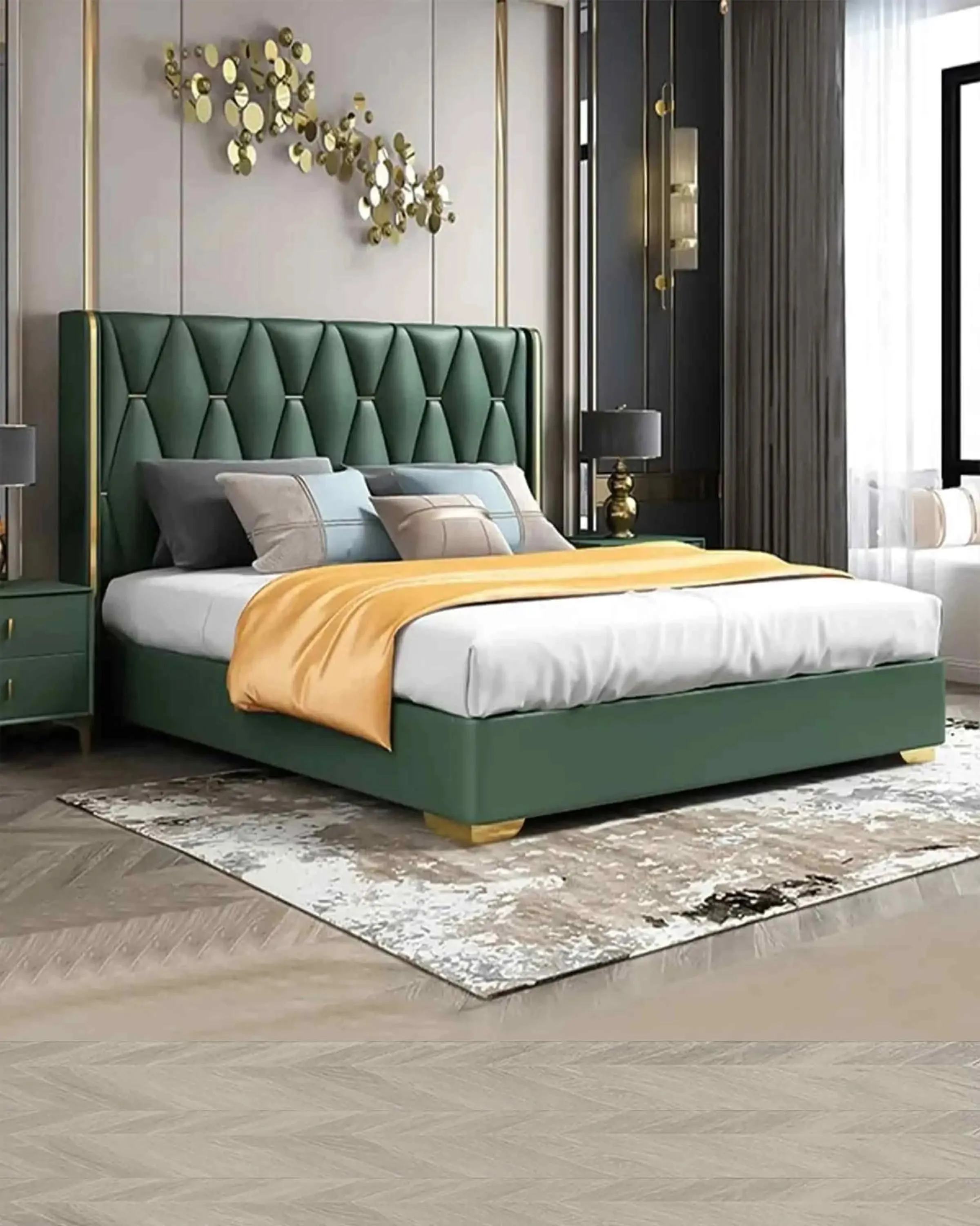 Green Solid Wood Bed with Headboard | king/Queen size bed with storage