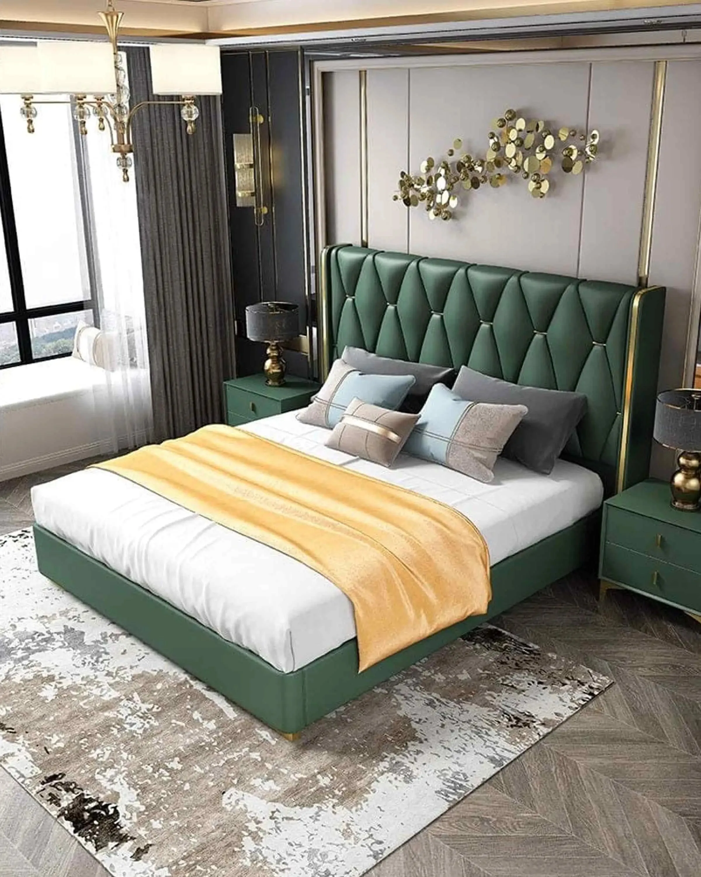 Green Solid Wood Bed with Headboard | king/Queen size bed with storage