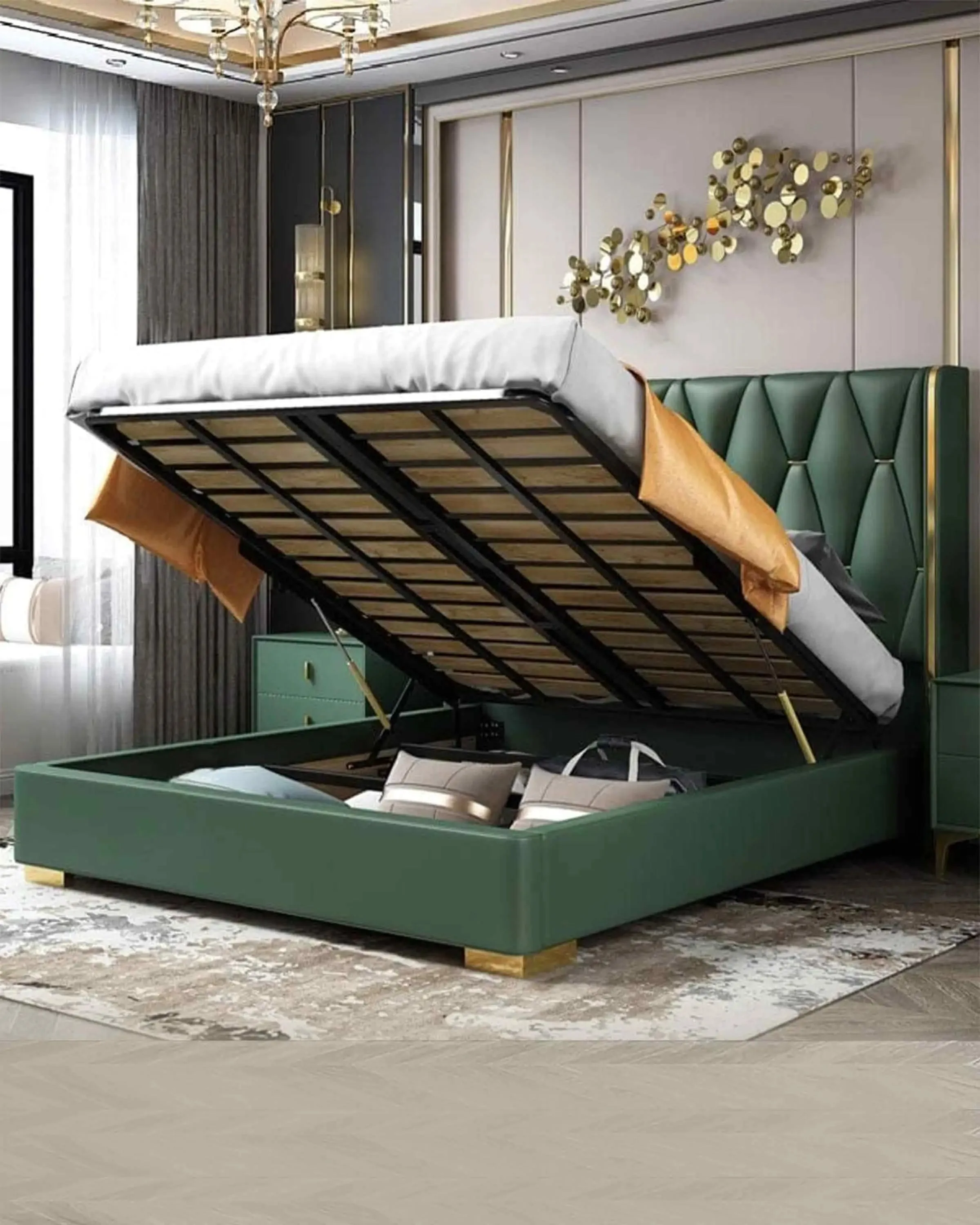 Green Solid Wood Bed with Headboard | king/Queen size bed with storage