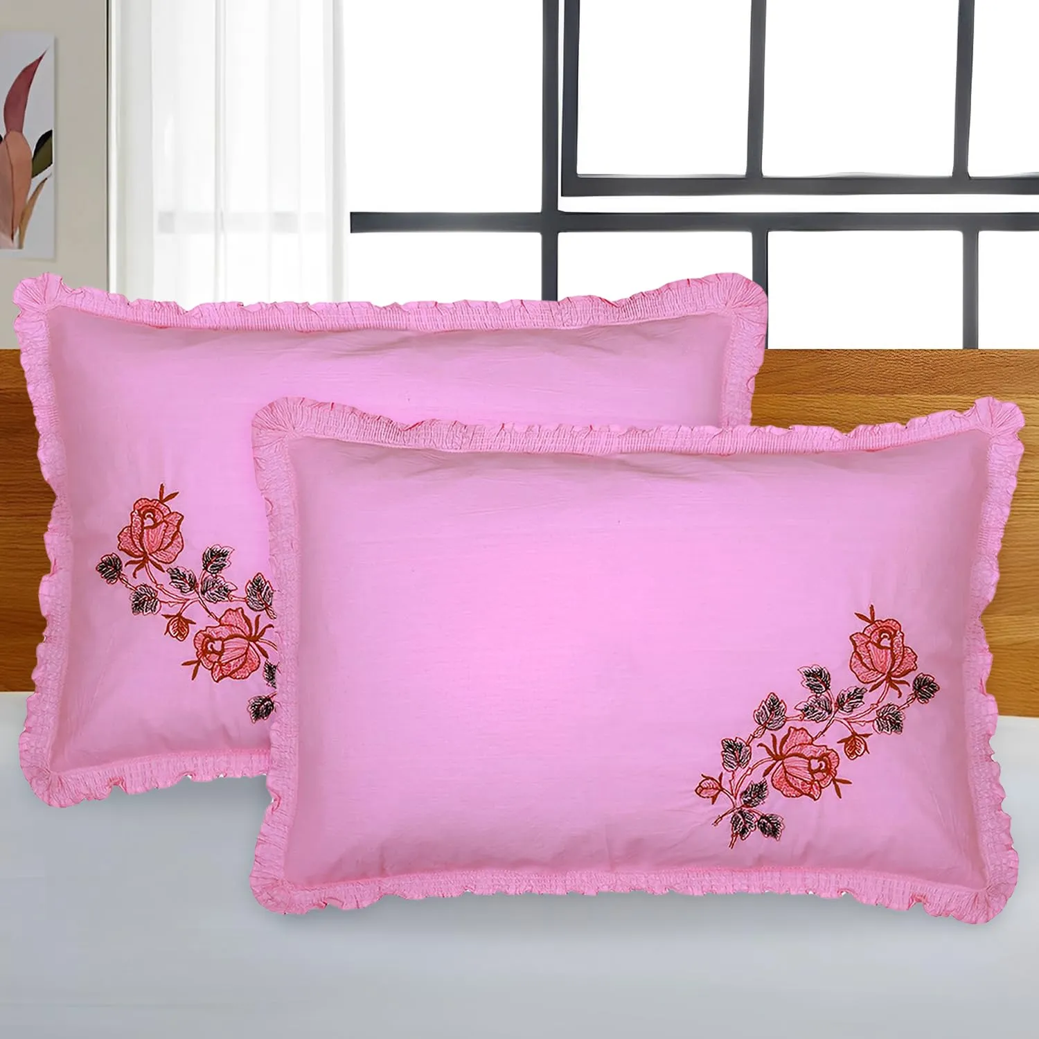 Heart Home Pillow Cover | Cotton Pillow Cover | Pillow Cover for Bedroom | Cushion Cover for Living Room | Embroidery Frill with Zip Pillow Cover | 20x30 Inch | Set of 6 | Pink