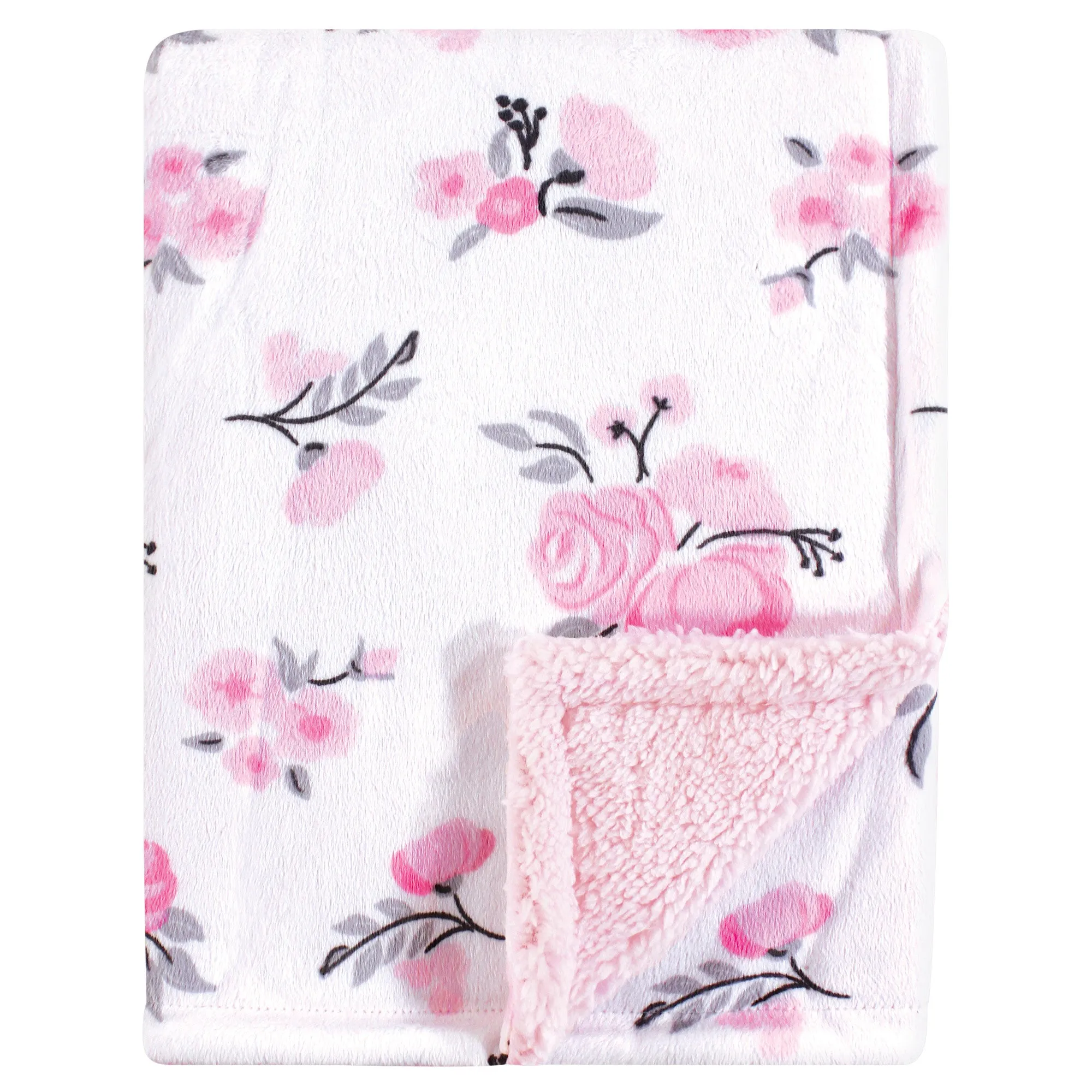 Hudson Baby Plush Blanket with Sherpa Back, Pink Floral