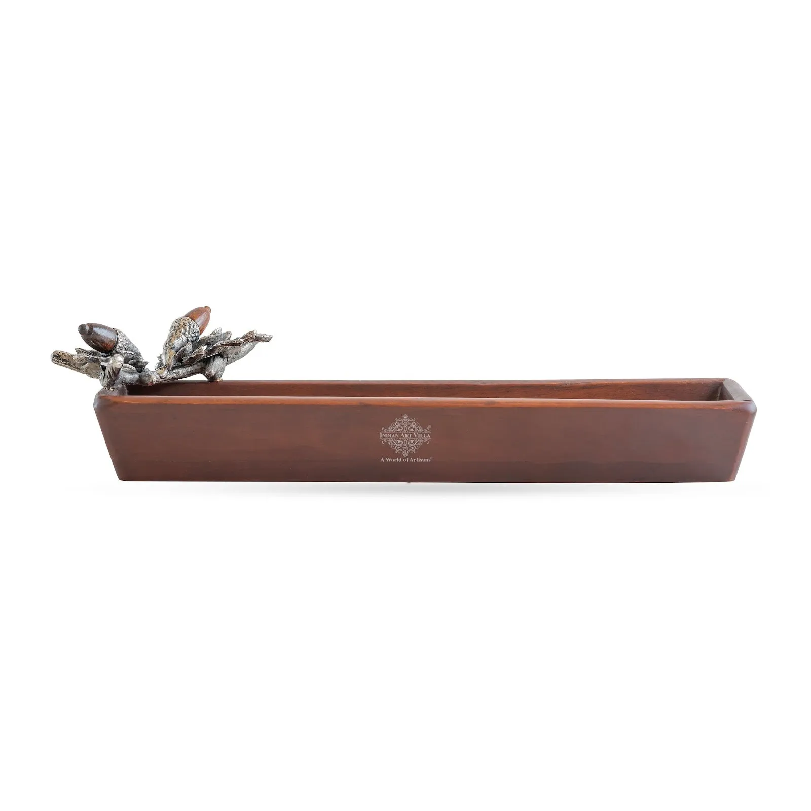 Indian Art Villa Wooden Rectangle Platter Tray – 14.6 Inch, Flower & Leaf Design, Elegant Wooden Serving Tray for Dining, Home Decor, Kitchen, and Gifting