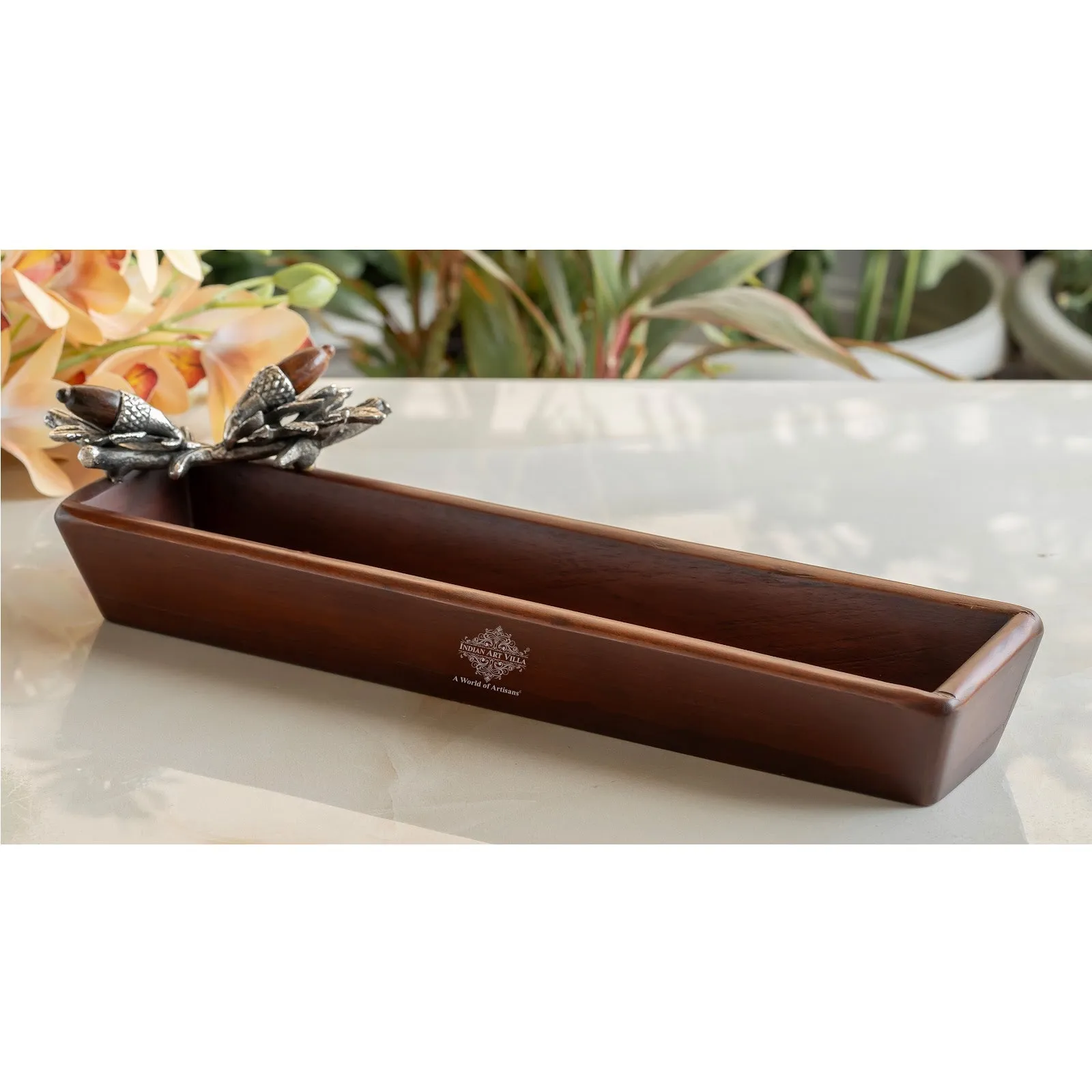 Indian Art Villa Wooden Rectangle Platter Tray – 14.6 Inch, Flower & Leaf Design, Elegant Wooden Serving Tray for Dining, Home Decor, Kitchen, and Gifting