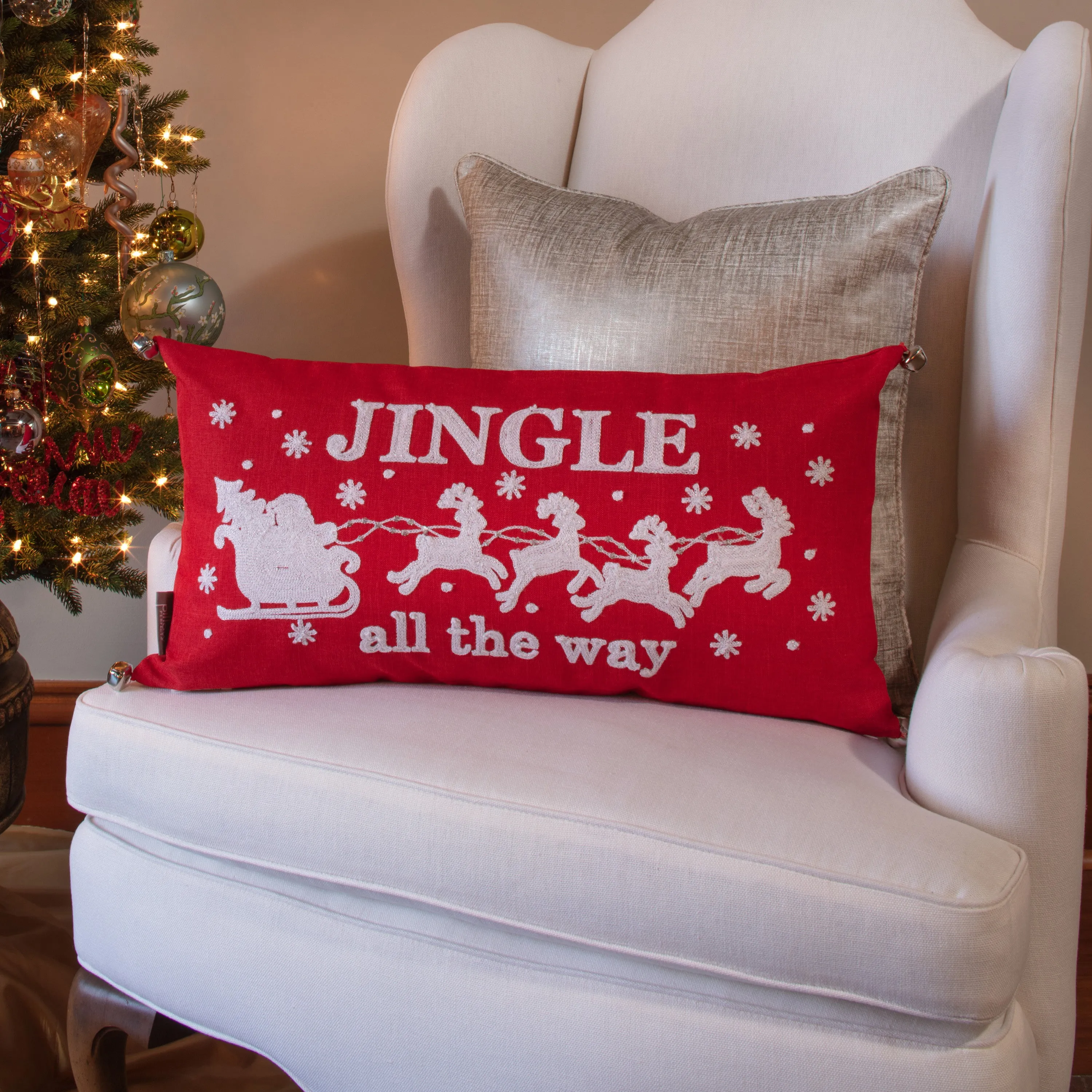 Indoor Jingle All The Way Christmas Red Rectangular Throw Pillow Cover