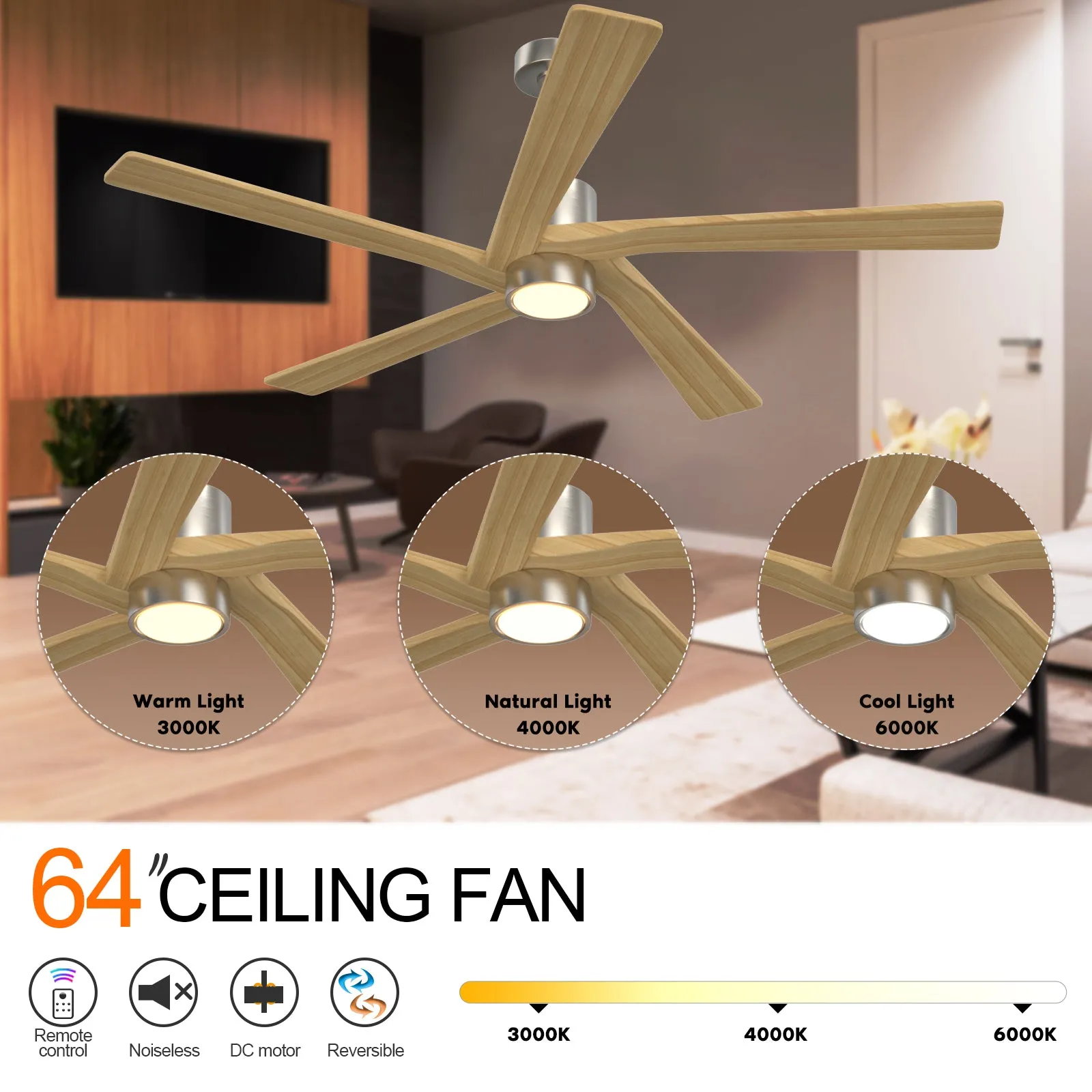 Irvine 64" 5 Blades Solid Wood with Remote Control and LED Light Kit Tri-Color