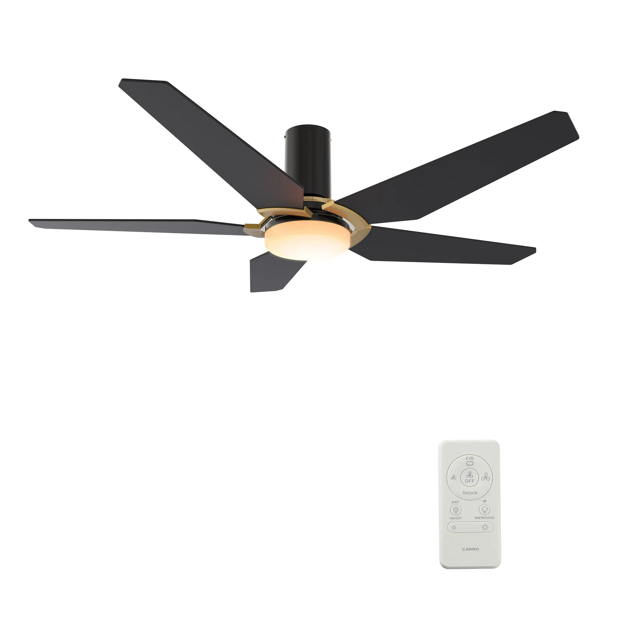 KAJ 52 inch 5-Blade Flush Mount Smart Ceiling Fan with LED Light Kit & Remote - Black/Black (Gold Detail)