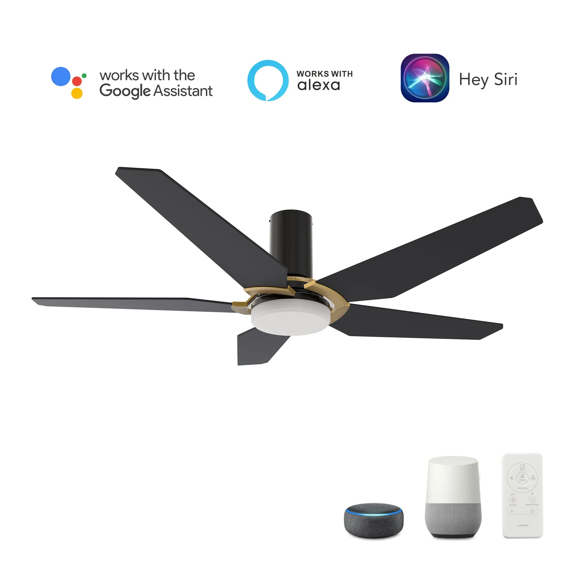 KAJ 52 inch 5-Blade Flush Mount Smart Ceiling Fan with LED Light Kit & Remote - Black/Black (Gold Detail)