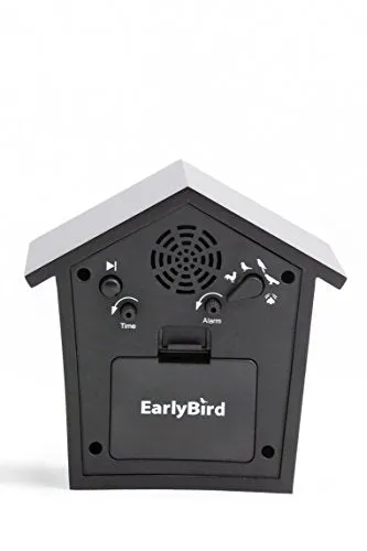 KOOKOO EarlyBird Black bird voice alarm clock with real bird voices and a three-tone gong; MDF wood cabinet; wake up in nature and with natural field recordings