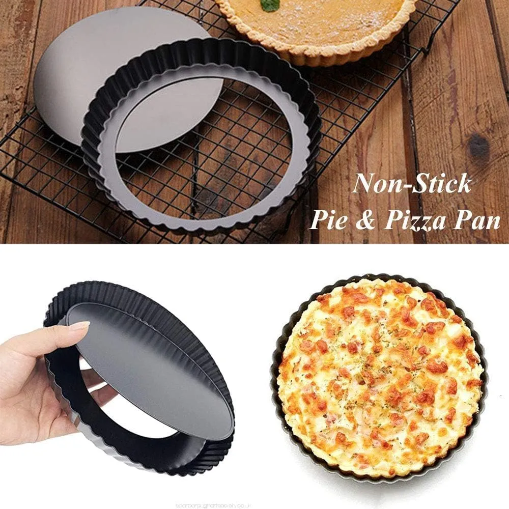 Kuber Industries Pie and Pizza Pan with Removeable Bottom|Carbon Steel Tart Pan-Pack of 6 (Black)