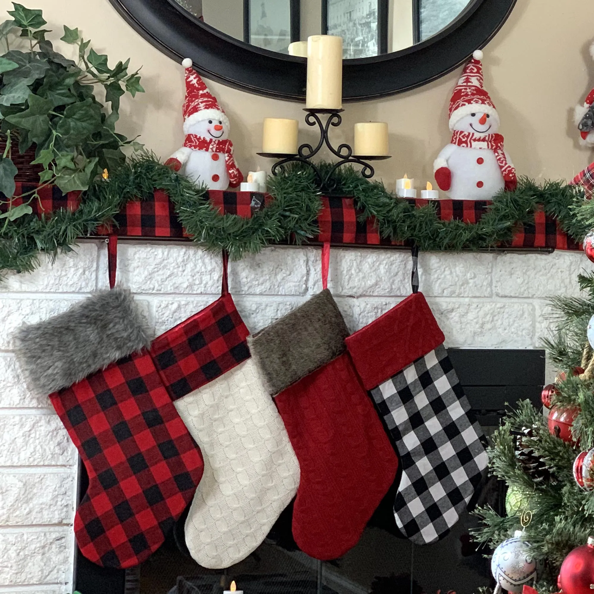 Large Ivory Knit Christmas Stocking - 20" H, 8" W, Red & Black Buffalo Plaid Cuff