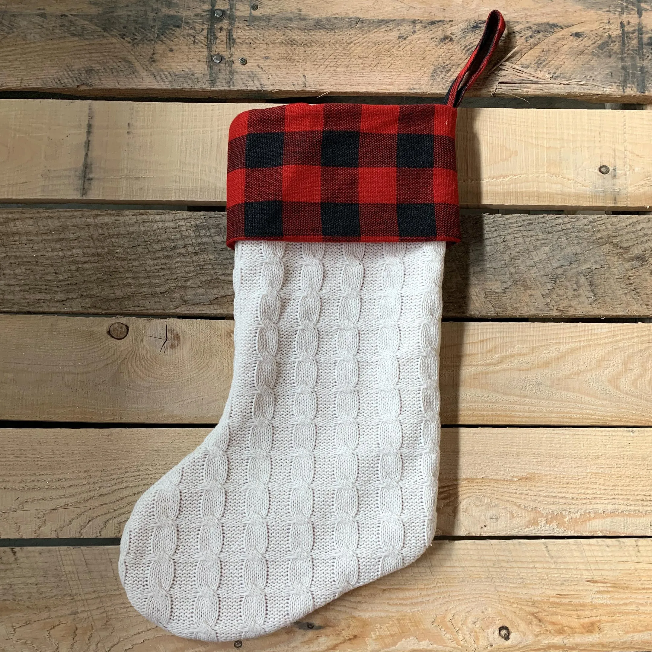 Large Ivory Knit Christmas Stocking - 20" H, 8" W, Red & Black Buffalo Plaid Cuff