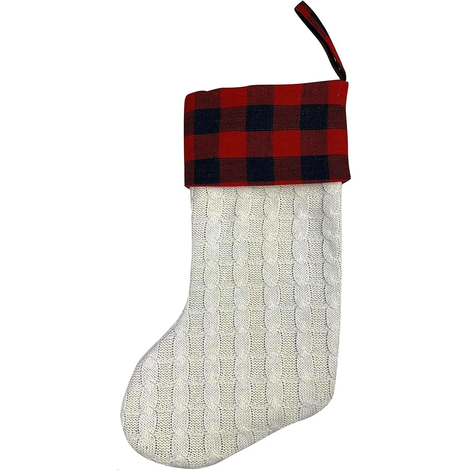 Large Ivory Knit Christmas Stocking - 20" H, 8" W, Red & Black Buffalo Plaid Cuff