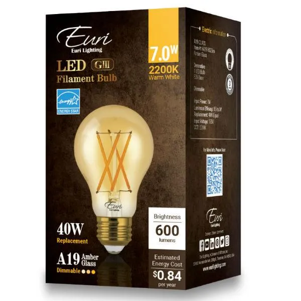 LED Filament Bulb - A19 Vintage - 7 Watt - Amber - 2200K - 600 Lumens