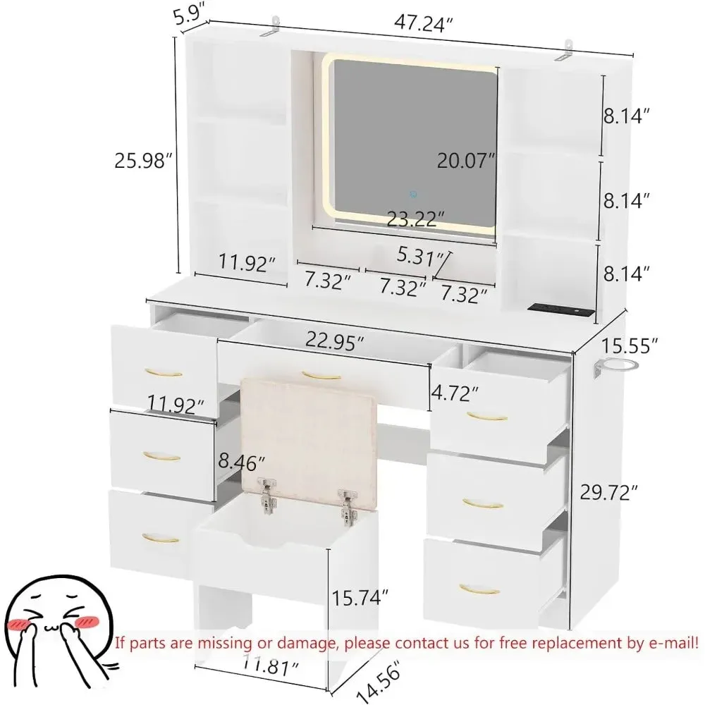 LED Vanity Desk with Stool, Charging Station, and 7 Drawers