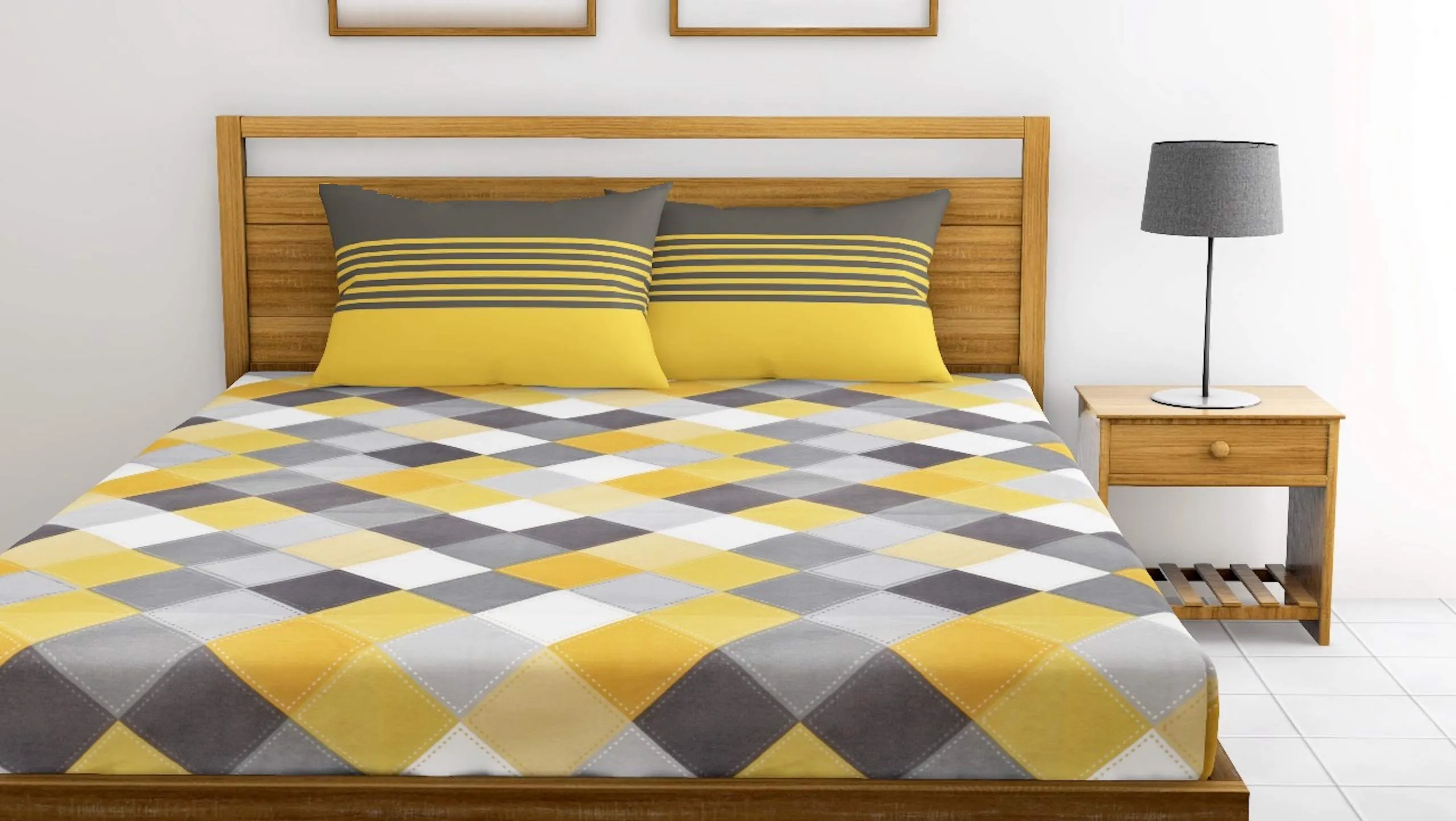 LORETO – A QUALITY LINEN BRAND 144 TC 100% Cotton Bedsheet for Double Bed with 2 Pillow Covers - Yellow & Grey, Checkered