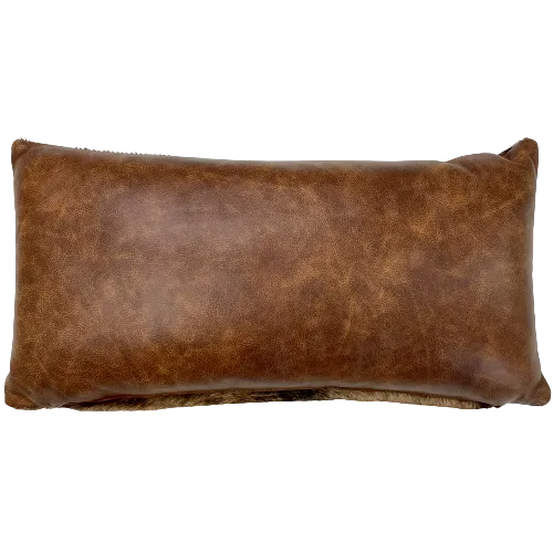 Lumbar Pillow - Brown and Black Brindle Cowhide w/ Distressed Brown Leather - 24" x 12" (LPIL056)