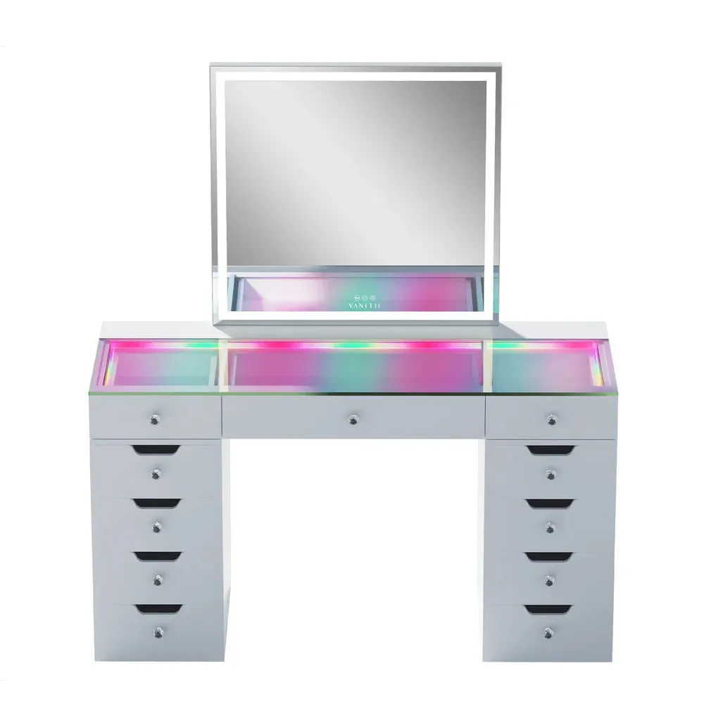 LUXE Vanity Station with LED Mirror, USB Ports, and 11 Drawers