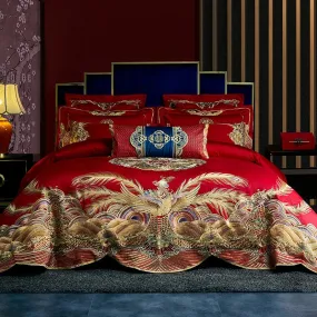 Luxury Red Chinese Wedding Phoenix Embroidery Cotton Bedding Set Duvet Cover Bed Linen Fitted Sheet Pillowcases Home Textiles