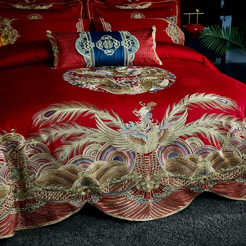 Luxury Red Chinese Wedding Phoenix Embroidery Cotton Bedding Set Duvet Cover Bed Linen Fitted Sheet Pillowcases Home Textiles