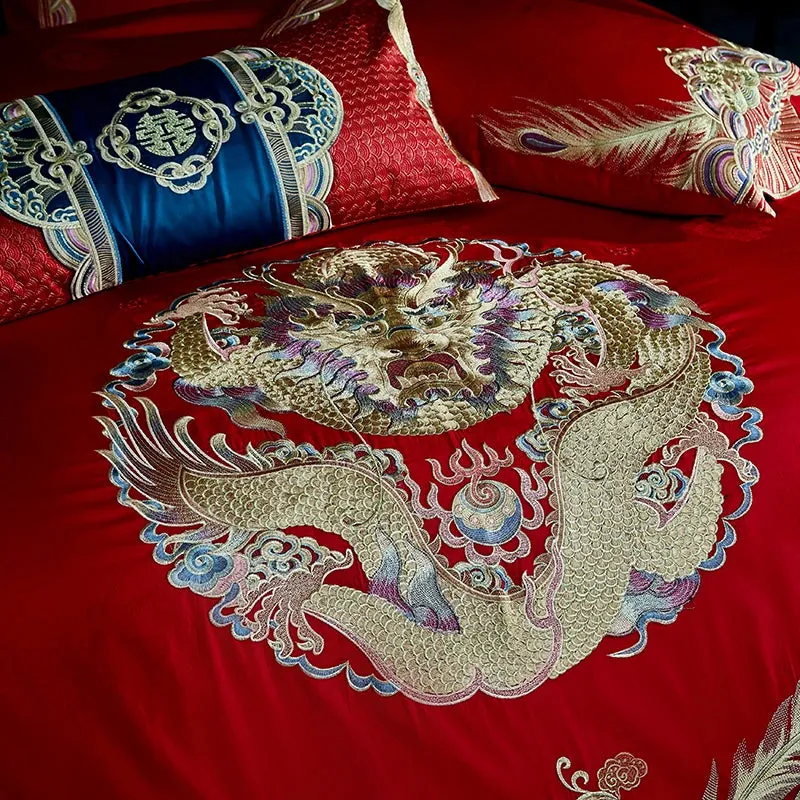 Luxury Red Chinese Wedding Phoenix Embroidery Cotton Bedding Set Duvet Cover Bed Linen Fitted Sheet Pillowcases Home Textiles