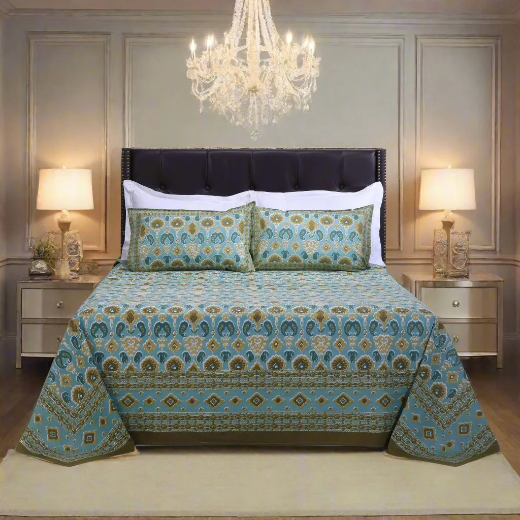 Mahi Double Ikat Turquoise Cotton Bedsheet