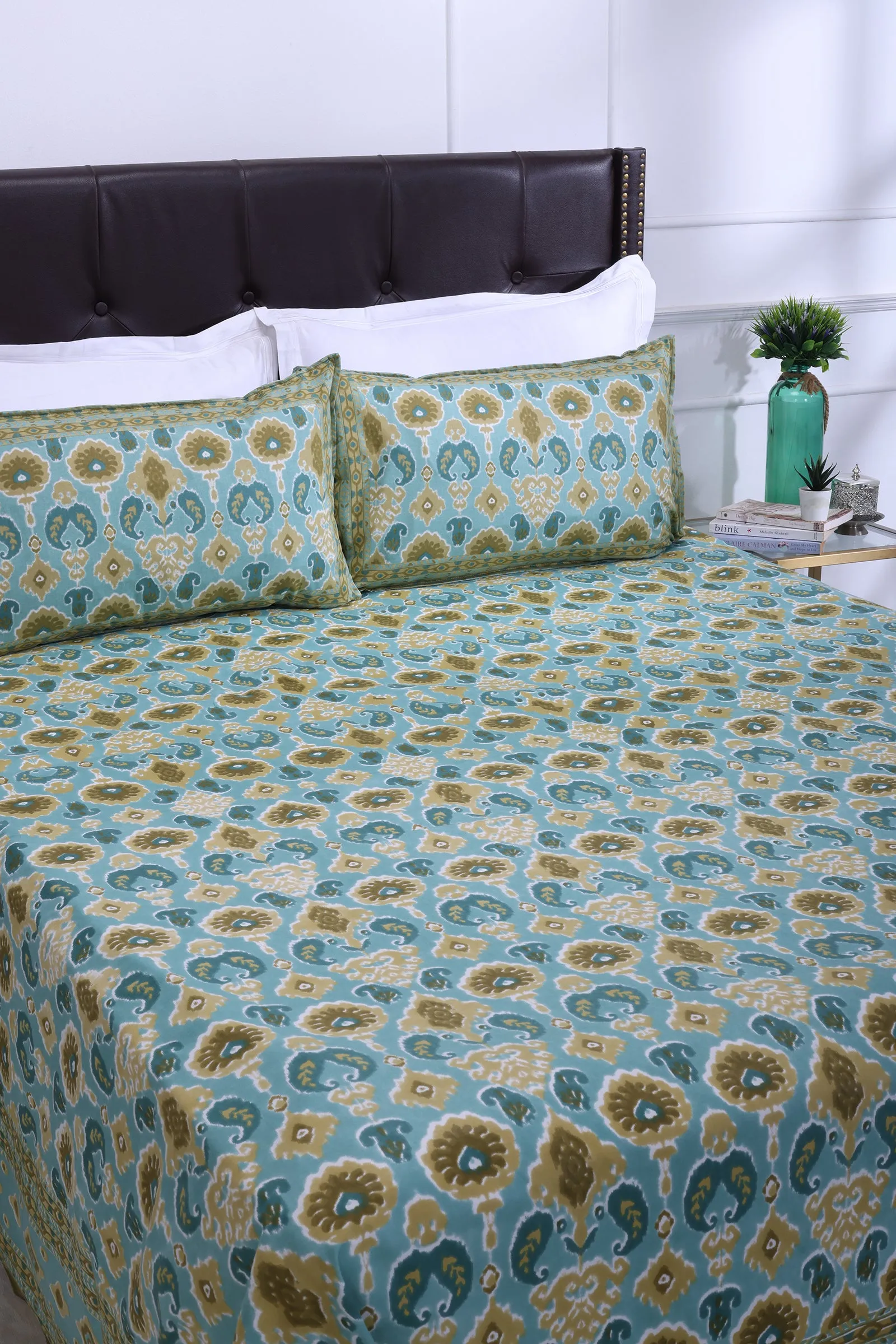 Mahi Double Ikat Turquoise Cotton Bedsheet