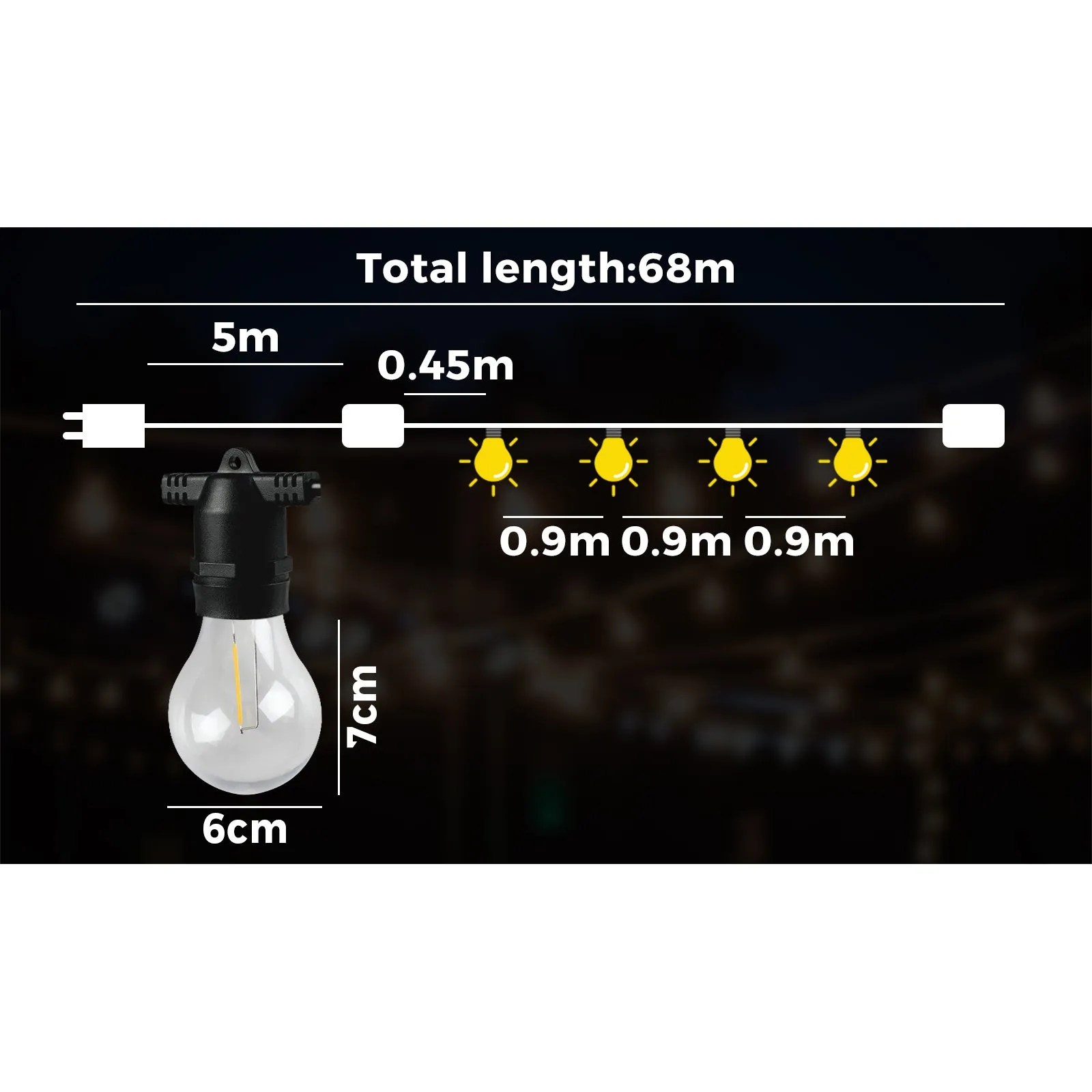 Mazam 68M Festoon Lights LED String Light Waterproof Wedding Party Outdoor