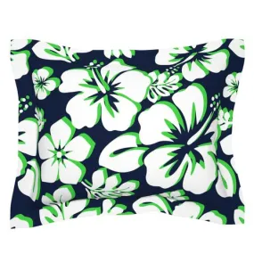 Navy Blue, White and Lime Green Hawaiian Hibiscus Flowers Pillow Sham