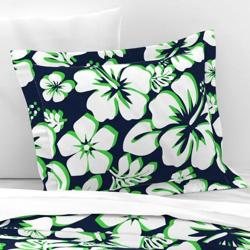 Navy Blue, White and Lime Green Hawaiian Hibiscus Flowers Pillow Sham