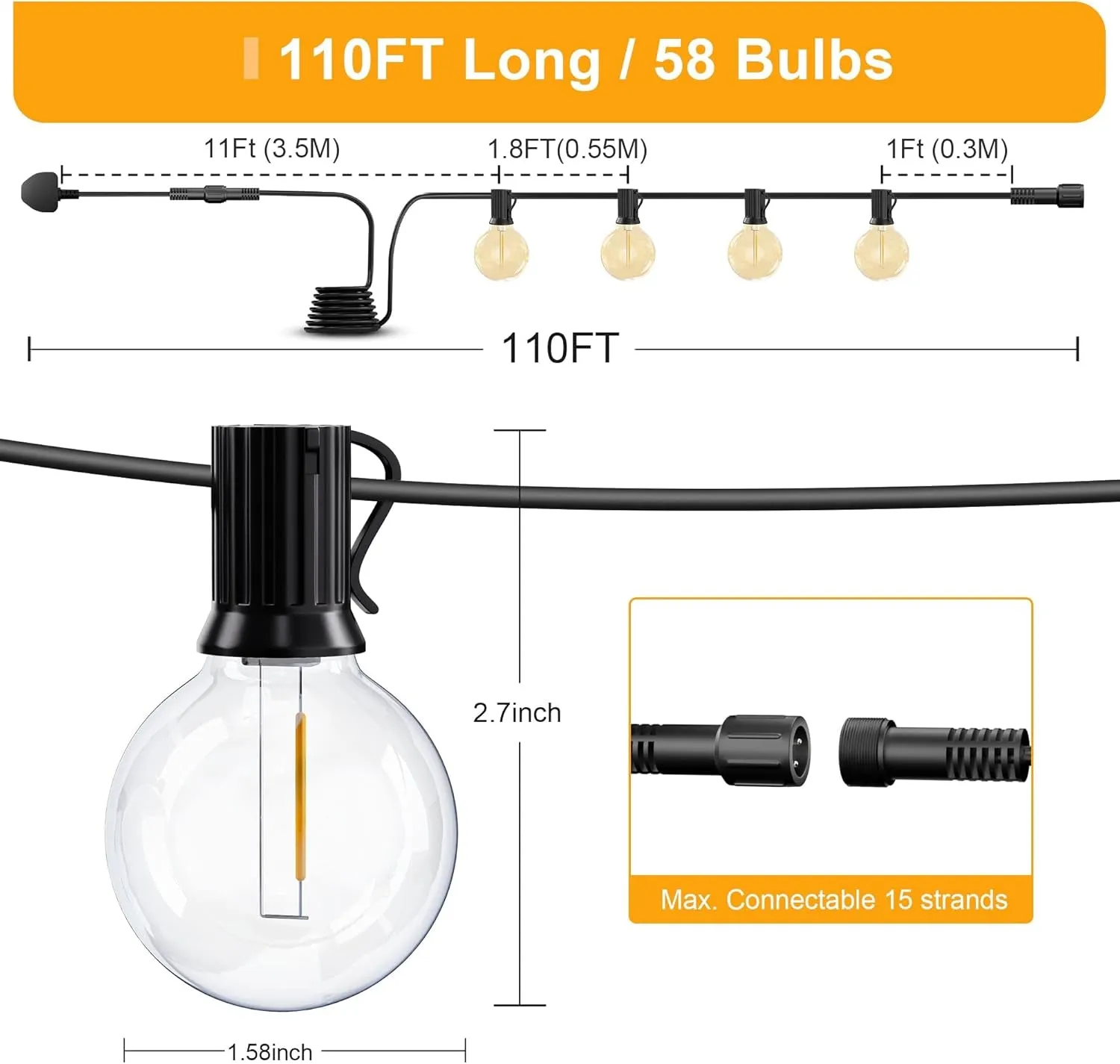 Outdoor String Lights Mains Powered,110FT/33M G40 Garden Festoon Lights with 56 2 Shatterproof G40 Plastic LED Edison Bulbs Waterproof for Outside Patio Gazebo Pergola Décor Wedding Cafe