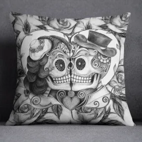 Pencil Sketch Rose Kissing Couple Sugar Skull Throw Pillow