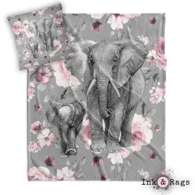 Pink Rose Mama and Baby Elephant Decorative Throw and Pillow Cover Set