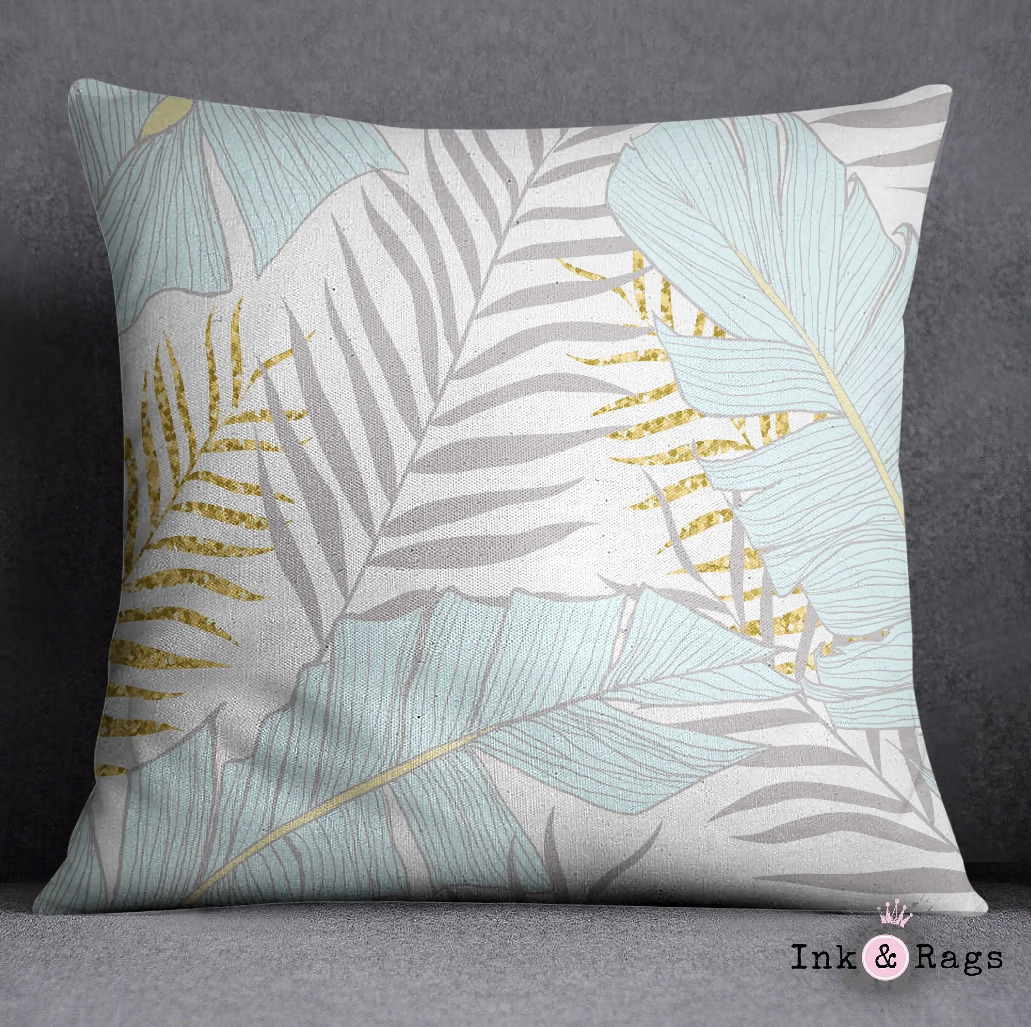 Powder and Gold Palm and Banana Leaf Decorative Throw and Pillow Cover Set