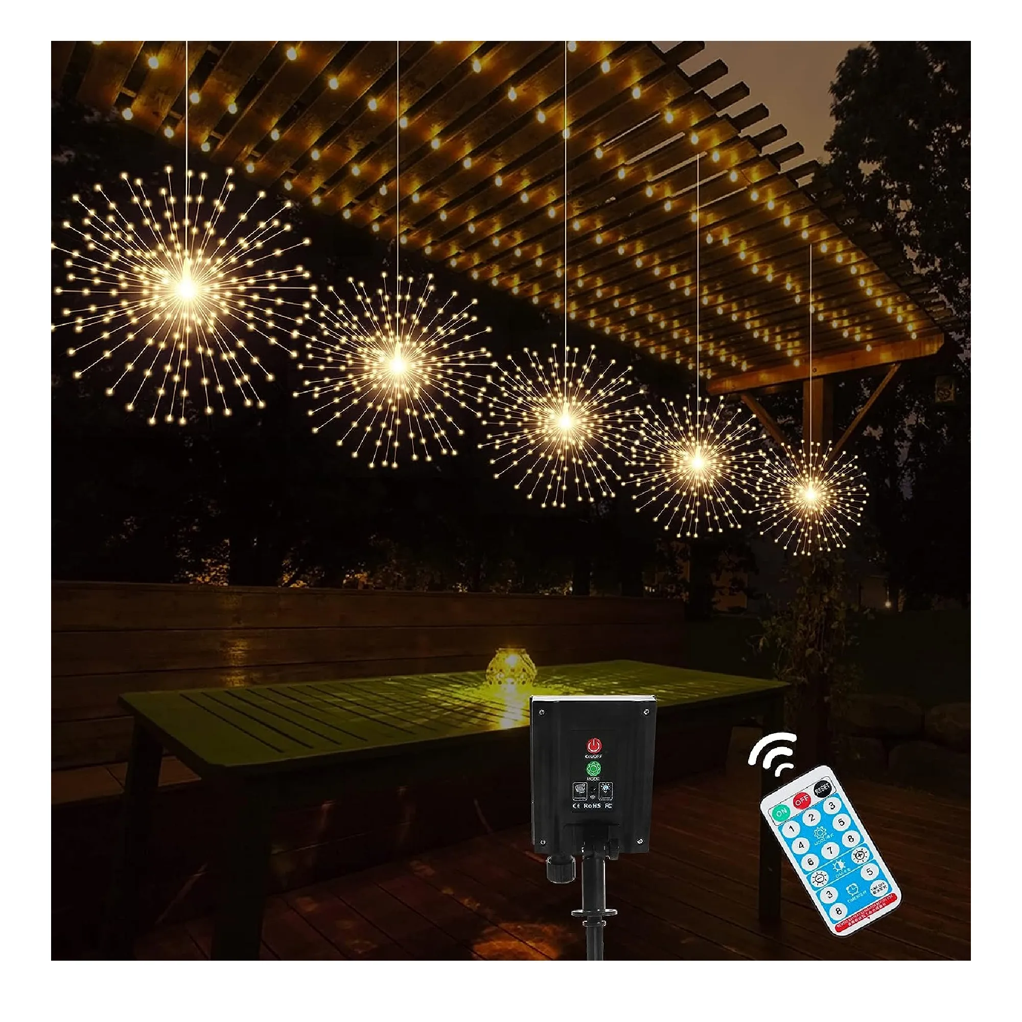 PXBNIUYA 5 Pack Solar Starburst Sphere Lights,200 LED Firework Lights, 8 Modes Dimmable Waterproof Hanging Fairy Light, Copper Wire Lights for Patio Parties Christmas (Warm White)