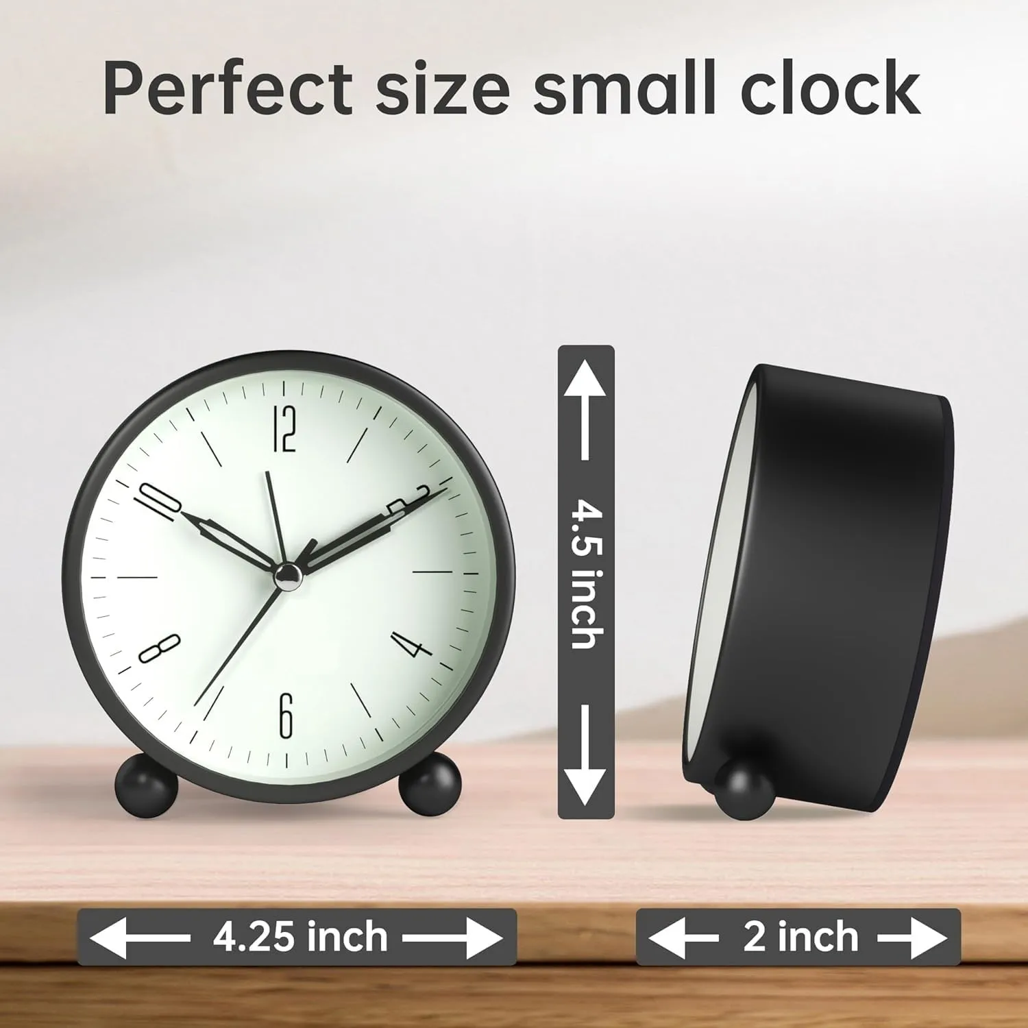 PXBQ Table Clocks, Simple Design Small Desk Clock Night Light,Silent Non-Ticking,Battery Powered,for Kids, Bedroom, Travel, Analog Table Clock, Table Clock (Black A2)