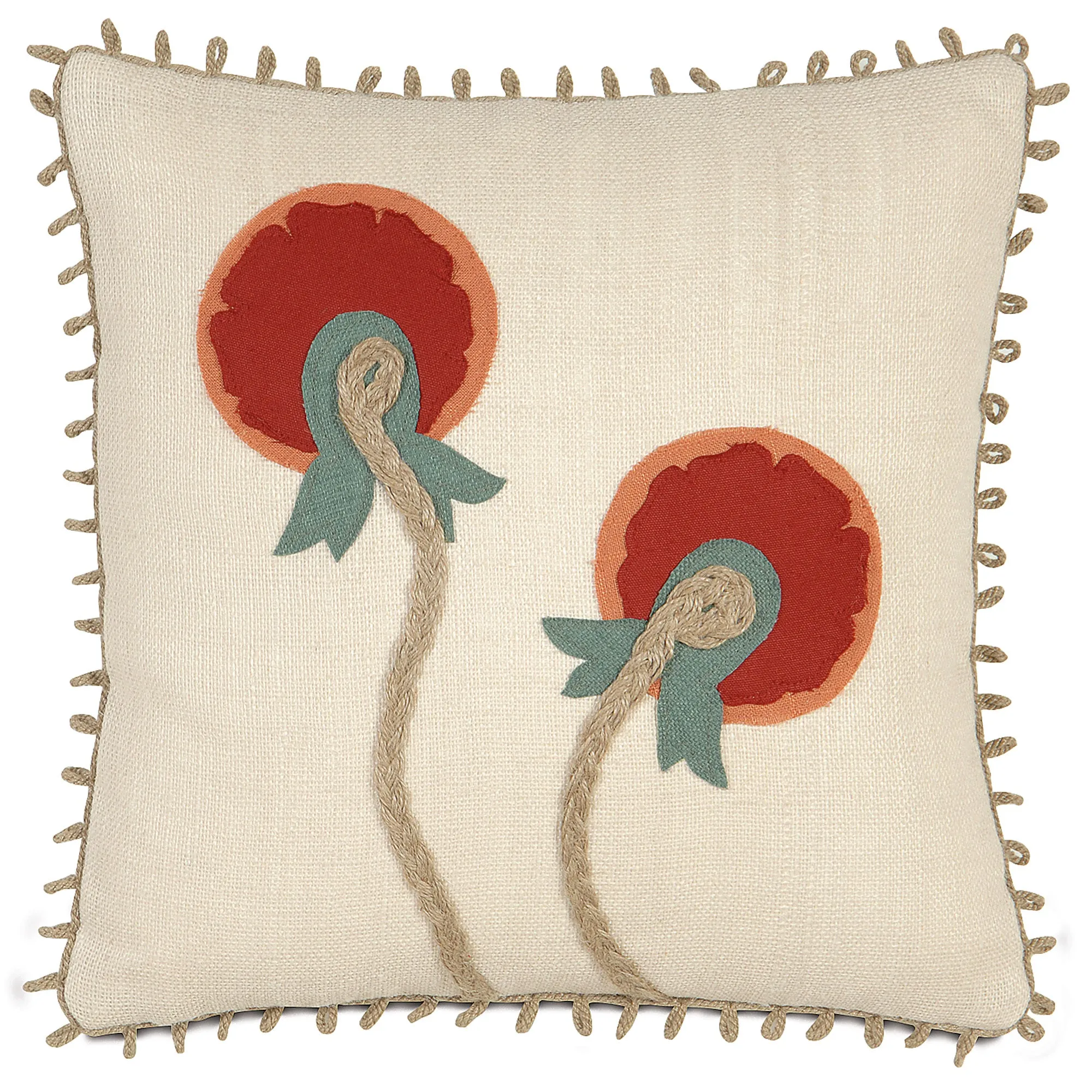 Red And Champagne Circle Bloom 100% Jute Throw Pillow Cover 18x18