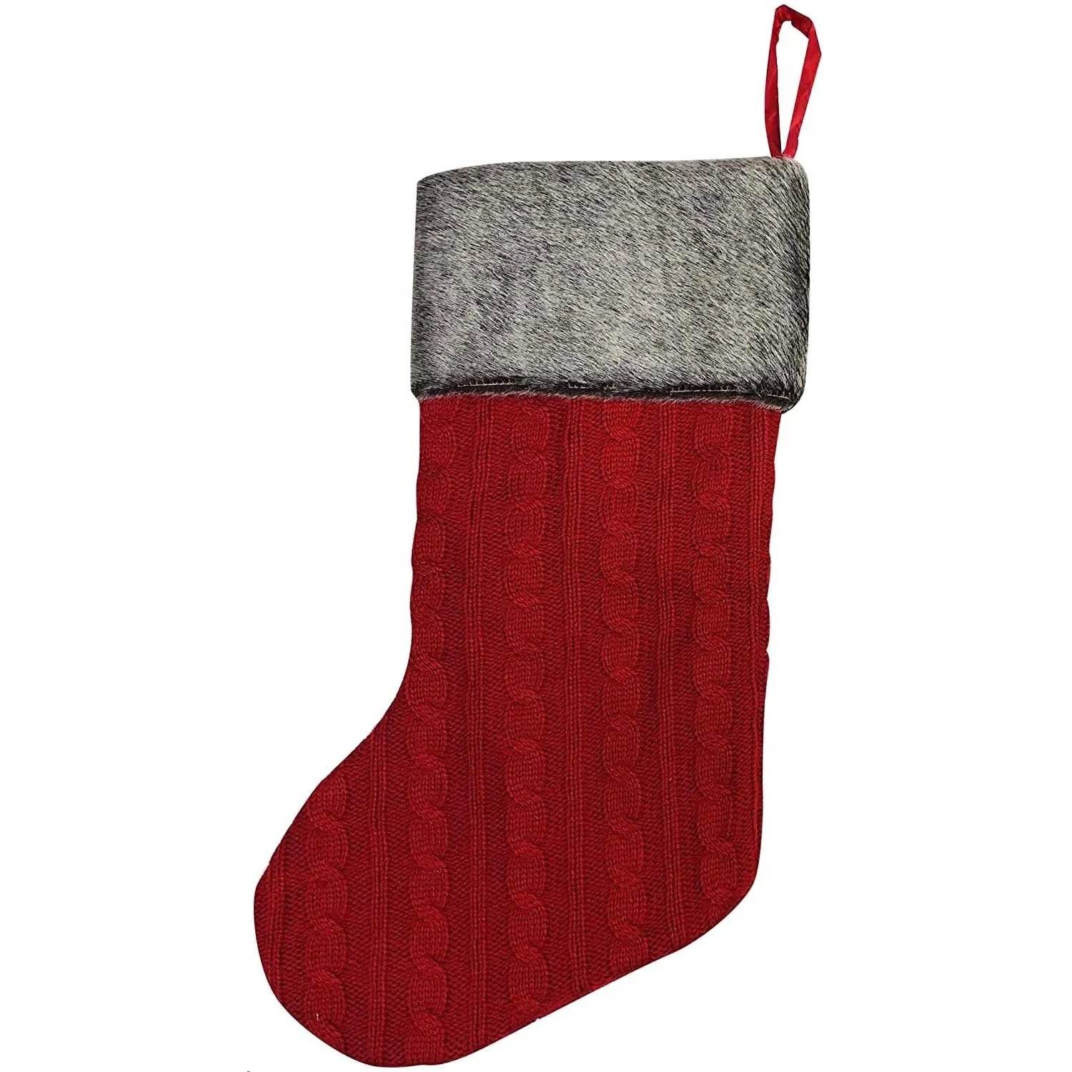 Red Cable Knit Christmas Stocking - 20" H, 8" W, Brown Faux Fur Boot Cuff