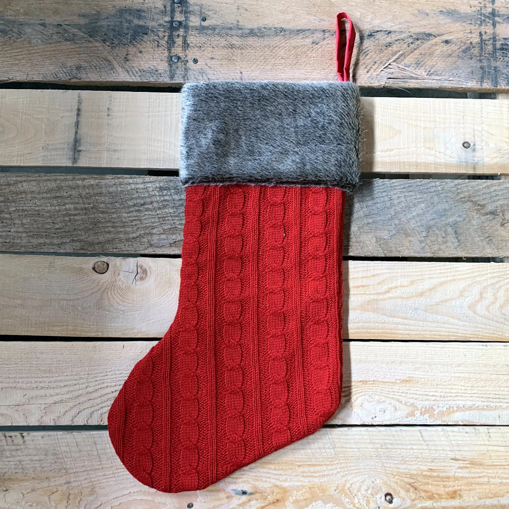 Red Cable Knit Christmas Stocking - 20" H, 8" W, Brown Faux Fur Boot Cuff