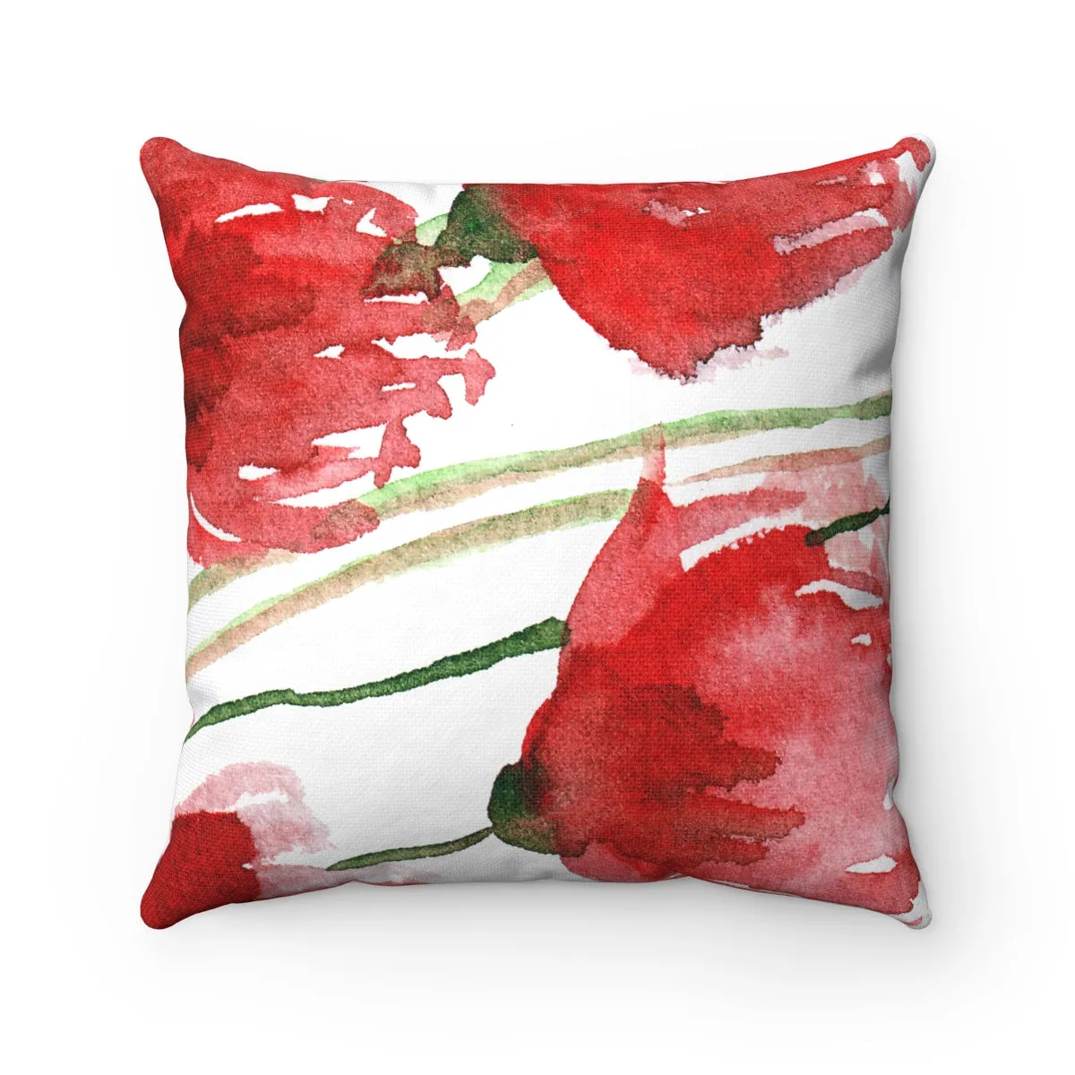 Red Poppy Floral Flower Pattern Spun Polyester Square Pillow Case - Made in USA