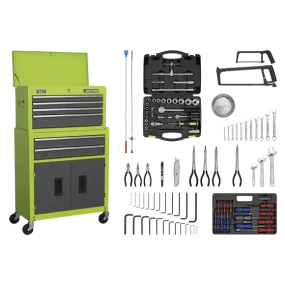 Sealey AP2200COMBOHV Topchest & Rollcab Combination 6 Drawer with Ball-Bearing Slides - Hi-Vis Green/Grey & 128pc Tool Kit