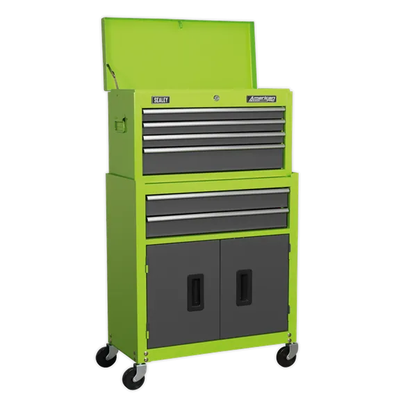 Sealey AP2200COMBOHV Topchest & Rollcab Combination 6 Drawer with Ball-Bearing Slides - Hi-Vis Green/Grey & 128pc Tool Kit