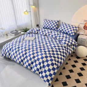 Single size 4 pieces Bedding Set without filler, Blue and White Checkered Design