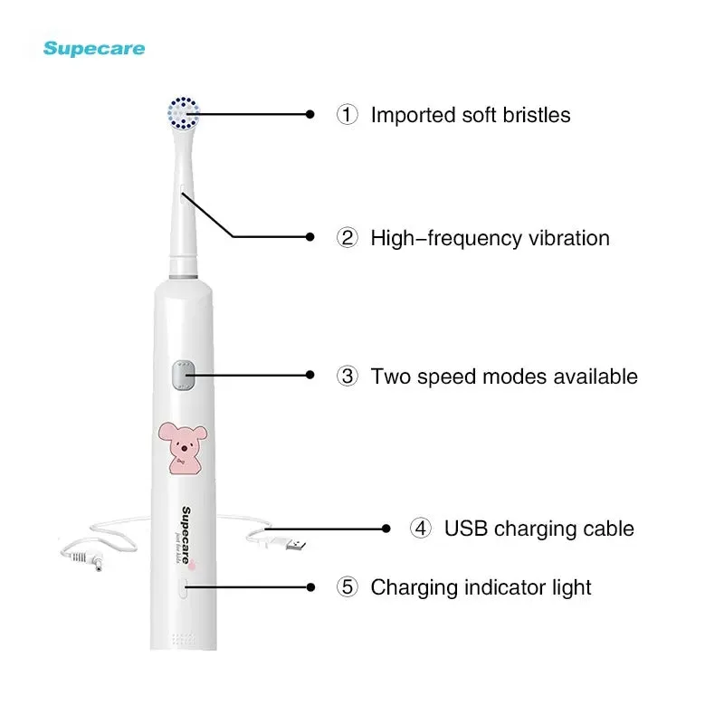 Supecare Elektrikli Diş Fırçası Çocuklar için 1 Yedek Fırça Kafası USB Şarj Edilebilir Çocuk Dönen Titreşim Diş Temizleme