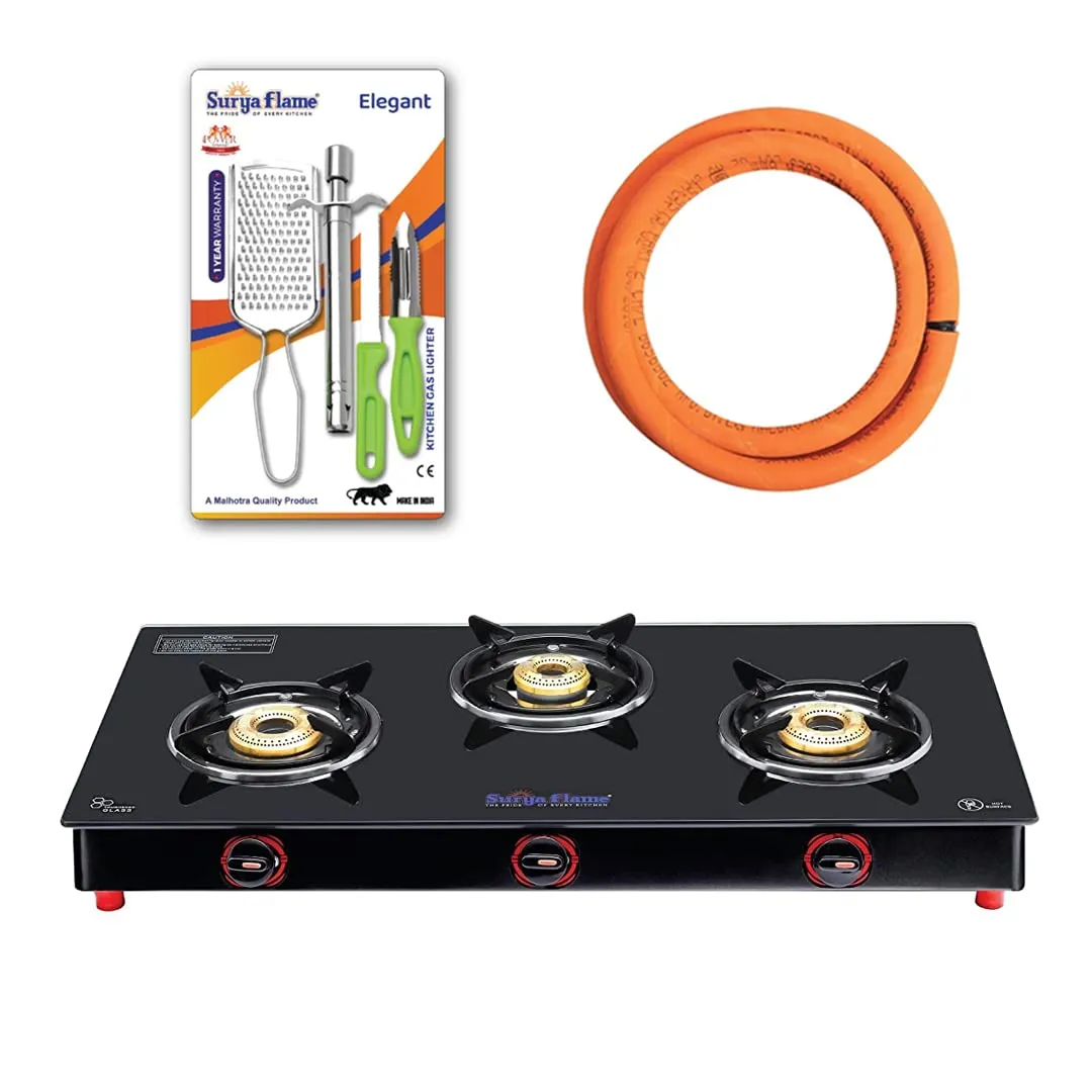 Surya Flame Smart Gas Stove 3 Burners Glass Top LPG Stove | LPG Gas Dual Layer Rubber Hose Pipe 1.5M | Stainless Steel Elegant Gas Stove Lighter With Knife, Peeler Knife and Shredder (Pack of 4)