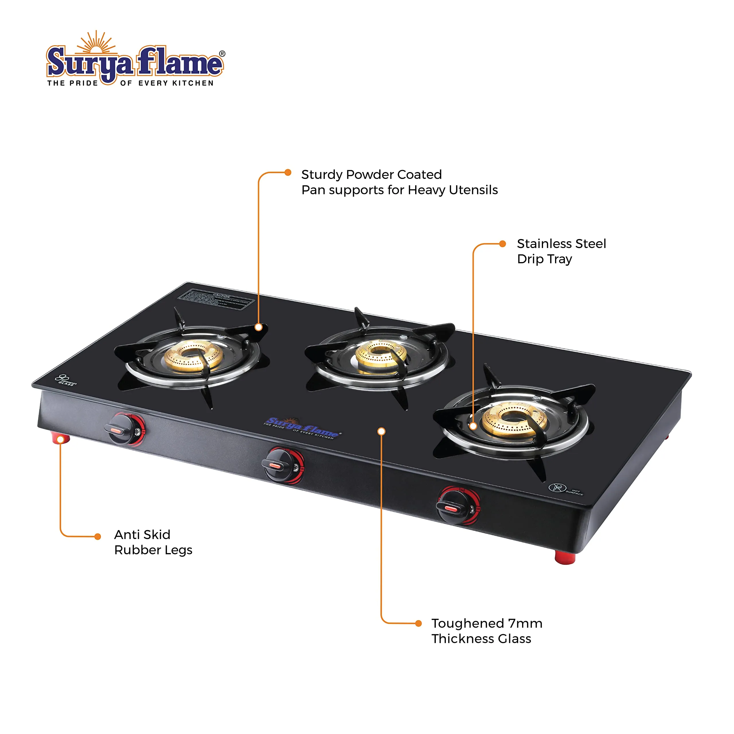 Surya Flame Smart Gas Stove 3 Burners Glass Top LPG Stove | LPG Gas Dual Layer Rubber Hose Pipe 1.5M | Stainless Steel Elegant Gas Stove Lighter With Knife, Peeler Knife and Shredder (Pack of 4)